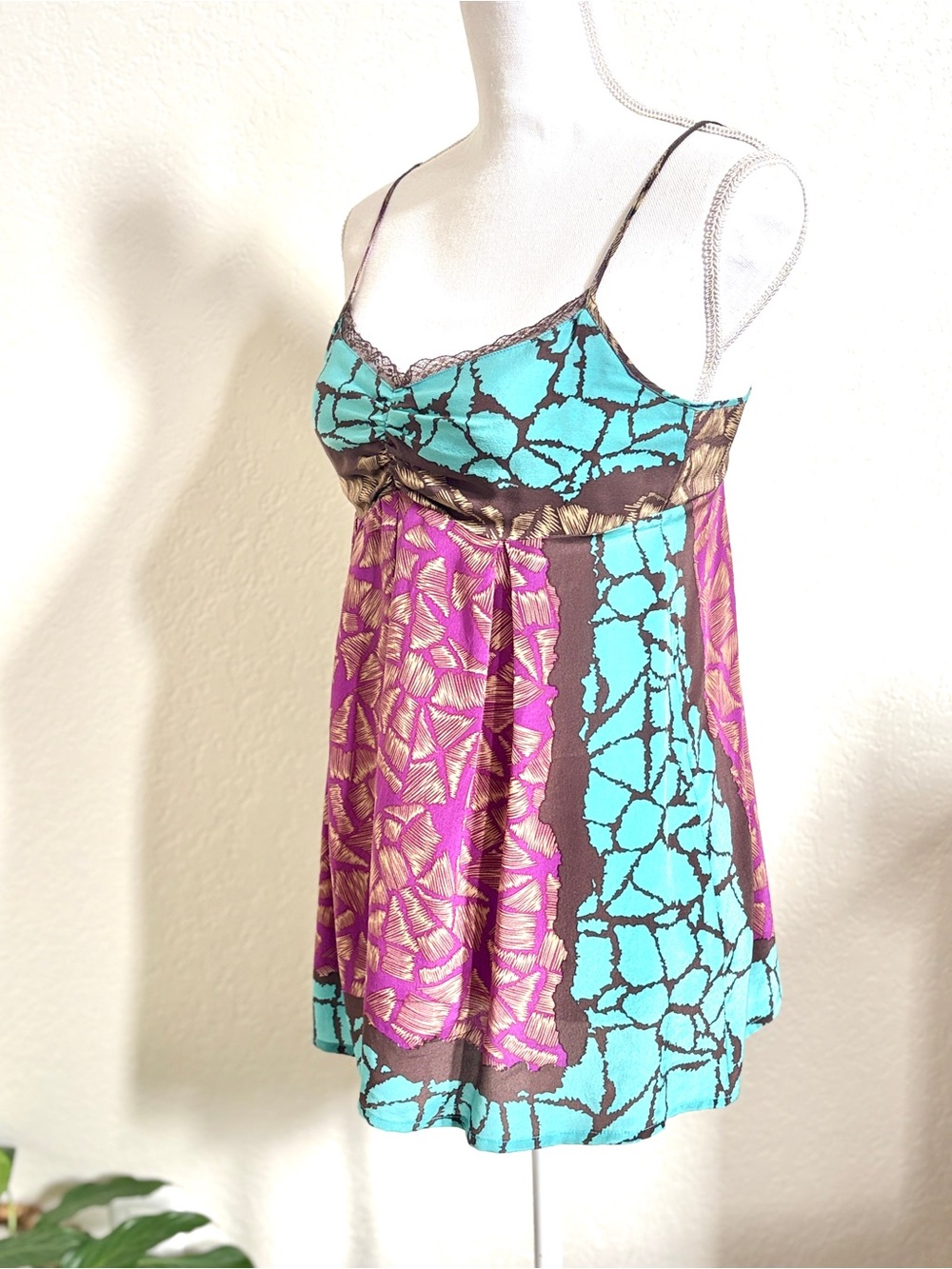 Petticoat Alley Women's silk Turquoise purple print Spaghetti Strap camisole S - Picture 4 of 8